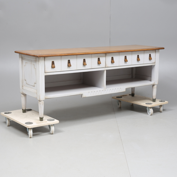 MEDIA TABLE, two drawers, solid linden with solid cherry top, style Louis, "Jacob", Grange, 2000s / Available in stores in France, price around SEK 19,000