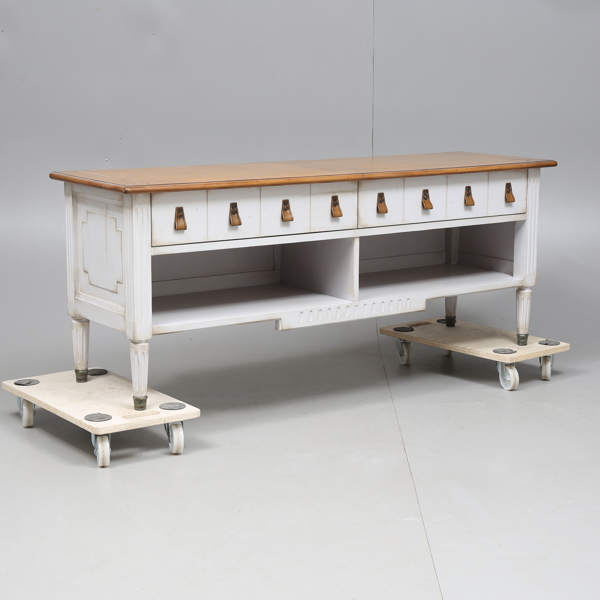 MEDIA TABLE, two drawers, solid linden with solid cherry top, style Louis, "Jacob", Grange, 2000s / Available in stores in France, price around SEK 19,000_14a_8db35150659a16c_lg.jpeg