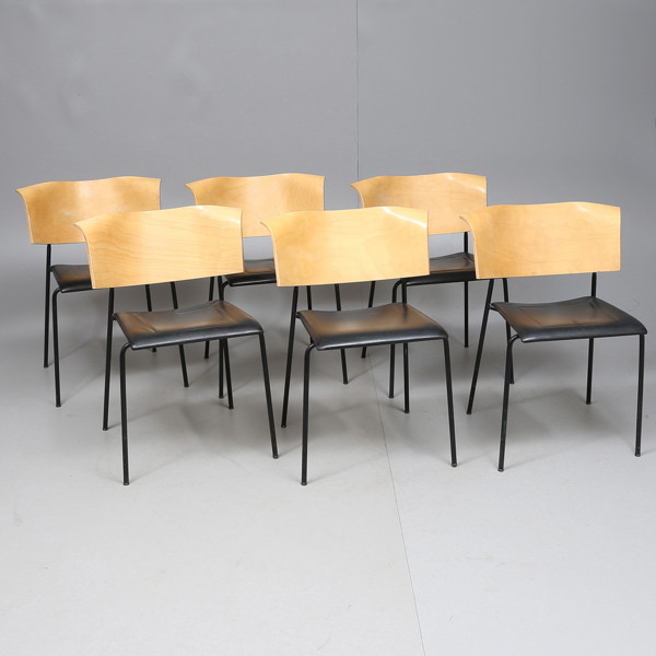 CHAIRS by Johannes Foerson & Peter Hiort-Lorenzen, 6 pcs, leather upholstery, laminated wood, stamped, Qvintus chair, for Lammhults Möbel AB, marked in 2000, designed in 1995 