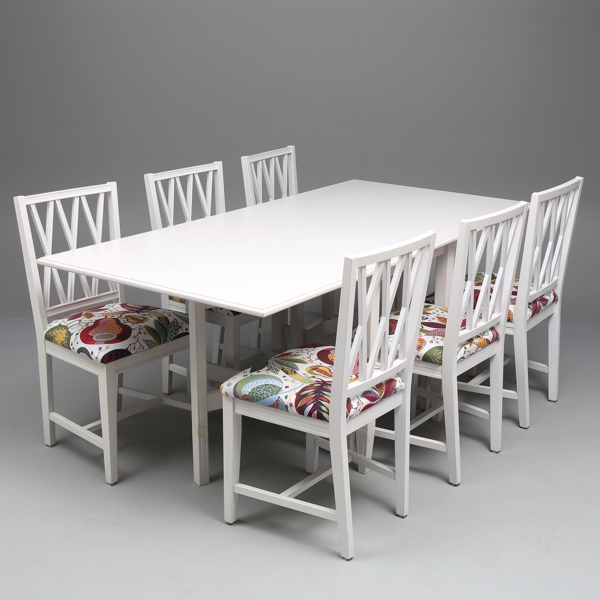 FOLDING TABLE with 6 CHAIRS, Englesson, textile Eva and Adam, Svanefors, 2000s / KLAFFBORD m 6 STOLAR, Englesson, textil Eva och Adam, Svanefors, 2000 tal