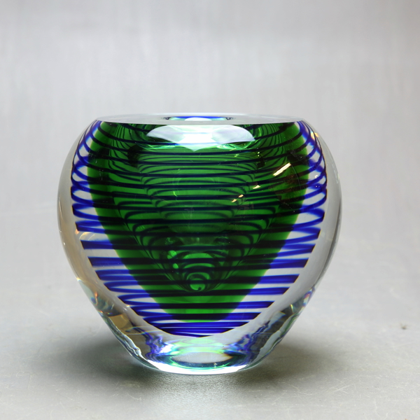 VASE by Stanislav Libensky, clear glass, green base with blue spirals, Baranek, signed, Czech Republic / 