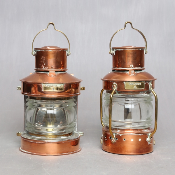 LANTERNS, 2 pcs, different shape, white light, marked "masthead" and "anchor", 1900s / LYKTOR, 2st, olika form, vitt ljus, märkta "masthead" och "anchor", 1900 tal