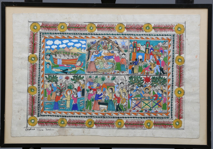 CRISTINO FLORES MEDINA, oil on paper, Mexican folk art, signed, Mezcala, Guerrero, Mexico, 1900s / 