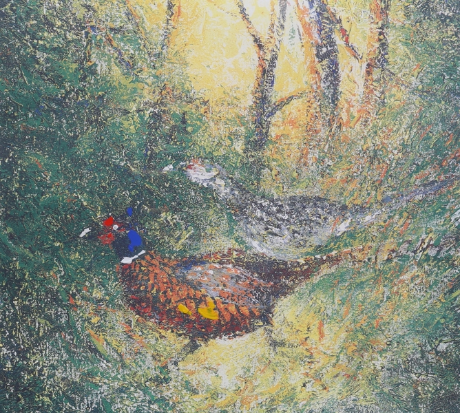 LEIF KANDER hand-colored lithograph, numbered 6/50, Pheasants, signed / LEIF KANDER handkolorerat litografi, numrerad 6/50, Fasaner, signerad